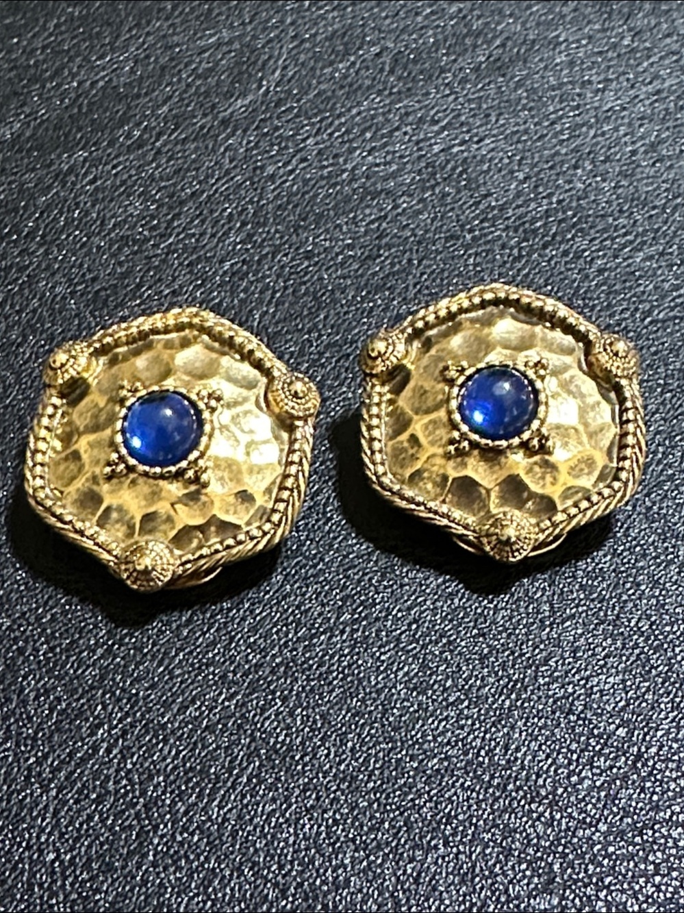 1980’s Hexagonal Gold Tone Clip On Earrings with Blue Glass Cabochon Center